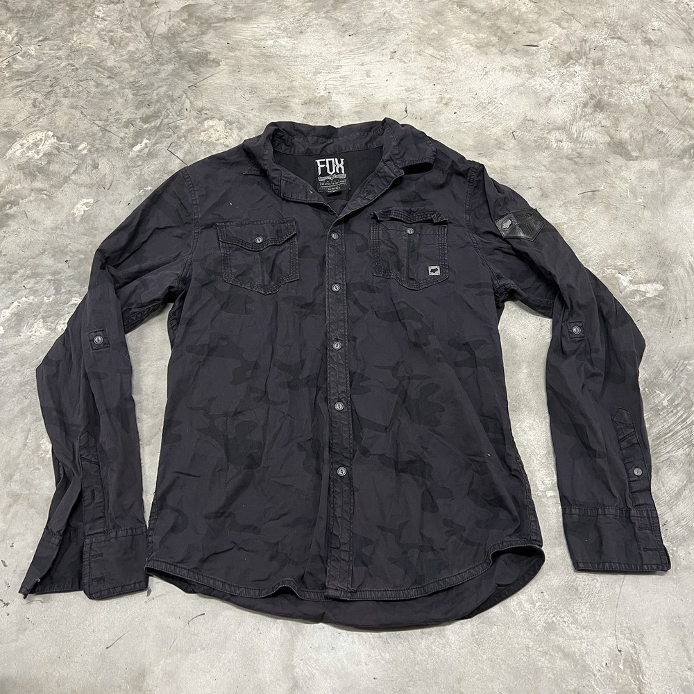 Fox Racing Camo Button Up Shirt Mens Large Slim Fit Epaulettes Moto Y2K Logo